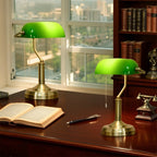 Banker's Table Lamps Set of 2, Desk Lamps with Antique Bronze Tone Base, Green Glass Shade and Pull Rope Switch for Home Office, Living Room, Bedroom, Dining Room, Green