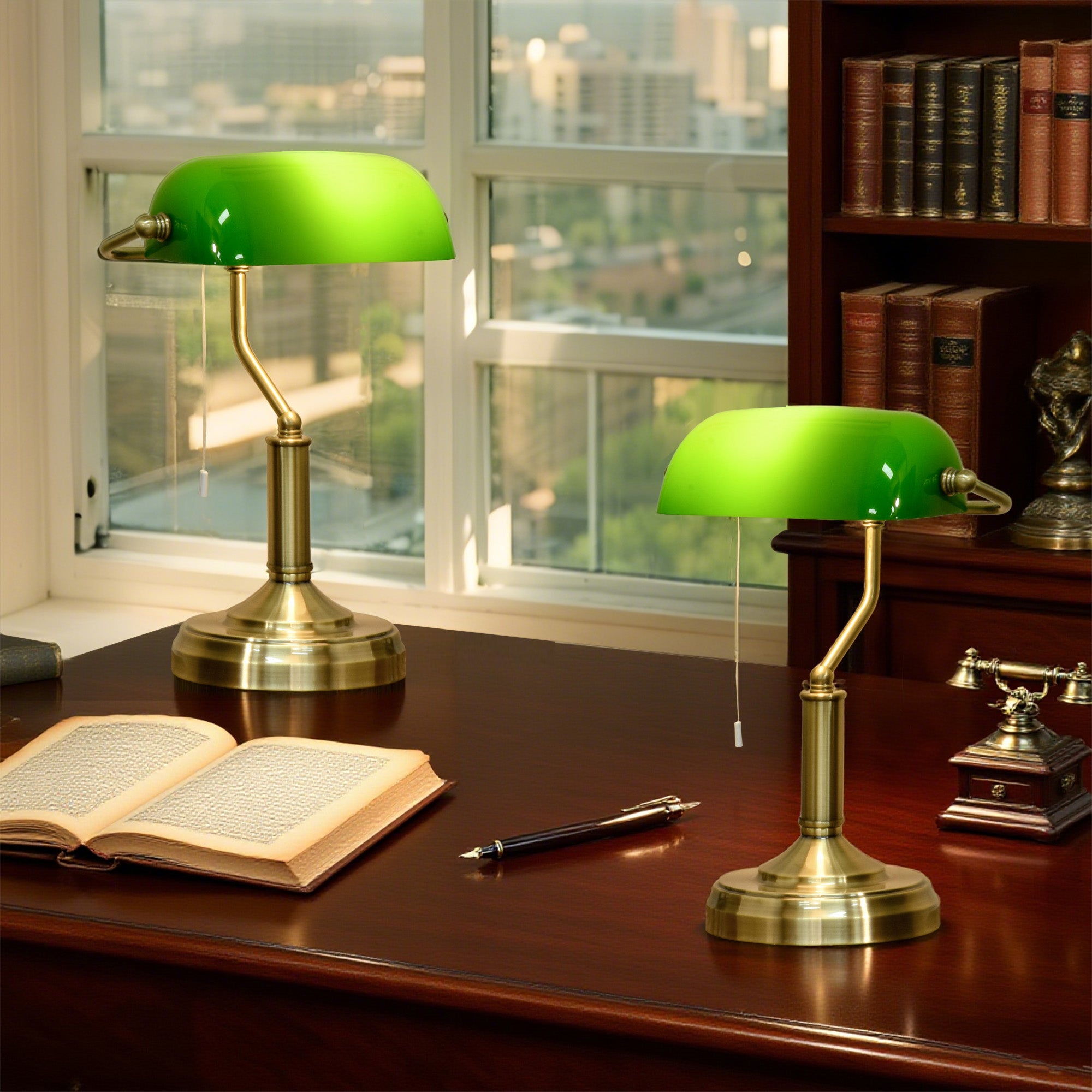 Banker's Table Lamps Set of 2, Desk Lamps with Antique Bronze Tone Base, Green Glass Shade and Pull Rope Switch for Home Office, Living Room, Bedroom, Dining Room, Green