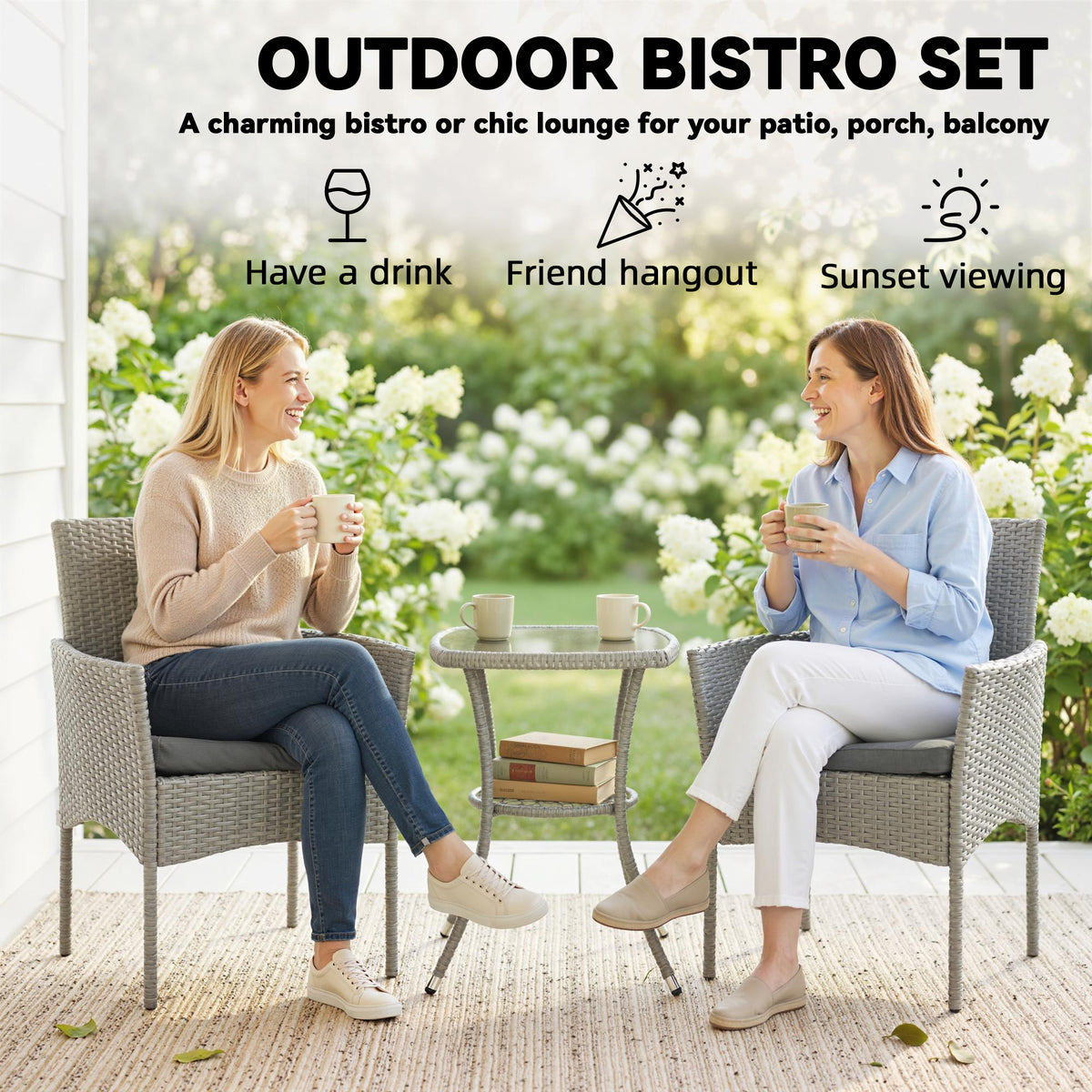 Outsunny 3 Piece Rattan Bistro Set, PE Wicker Garden Furniture Conversation Set with 2 Tier Glass-Top Table, Chairs, Dark Grey