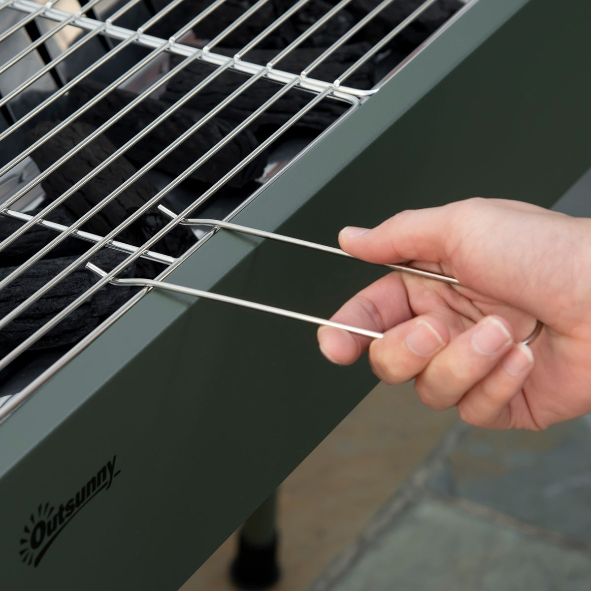 Outsunny Portable Charcoal Barbecue BBQ Grill with Seasoning Baskets and Hooks, Compact Stainless Steel Cooker for Camping Picnic Hiking Garden Party Festival, Dark Green