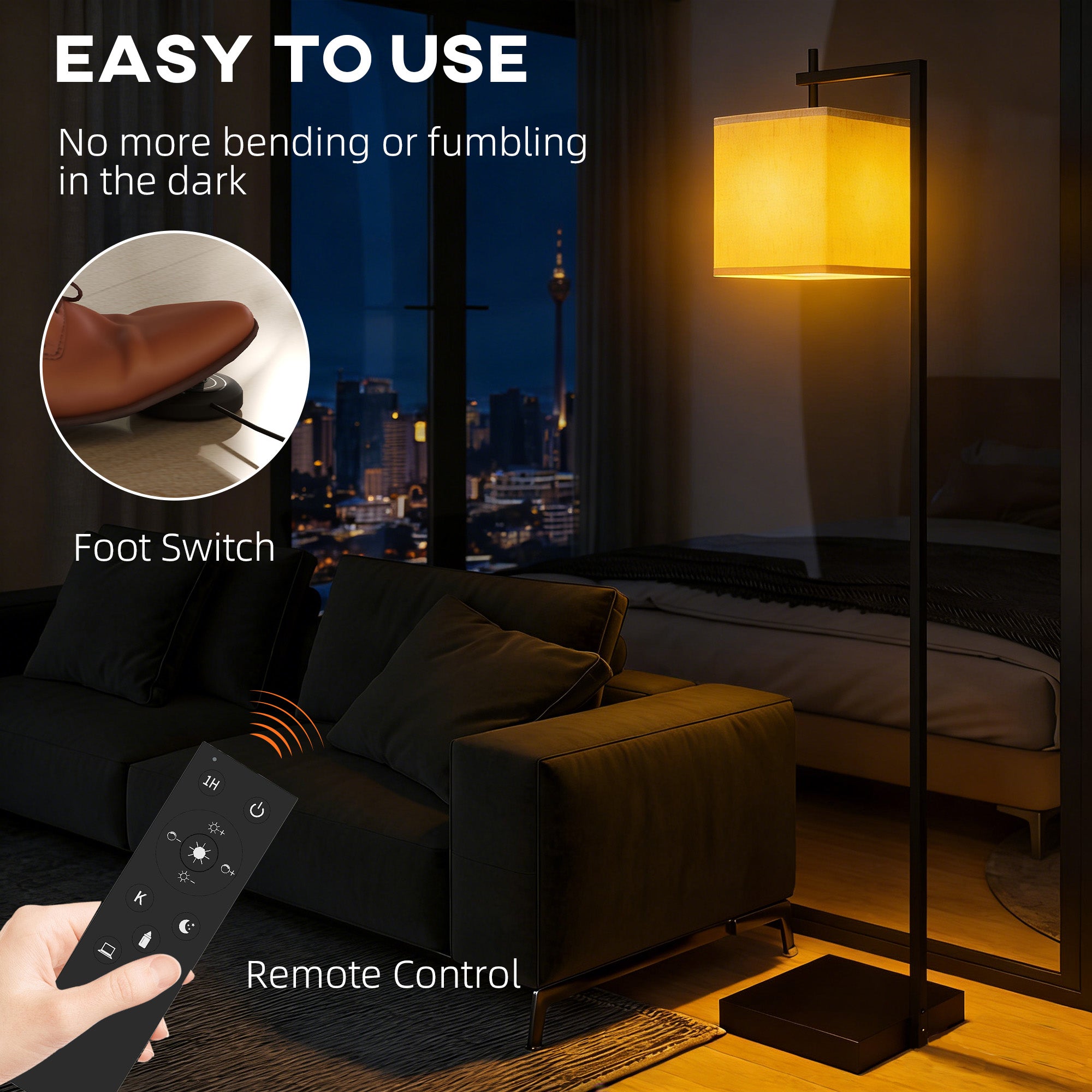 Floor Lamp for Living Room, 66" Modern Tall Standing Lamp with Adjustable Colour Temperatures & 10 Brightness Levels, Remote Control and Foot Switch for Bedroom Office, 9W LED Bulb Included
