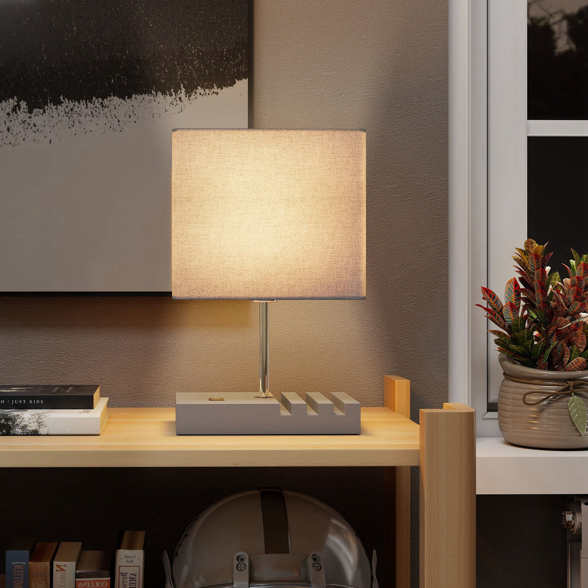 Bedside Lamp with USB A+C Charging Ports and 3 Phone Stands, Modern Table Lamp with Solid Wood Base and Fabric Shade for Bedroom Living Room Office, E27 Socket, Bulb Not Included, Grey