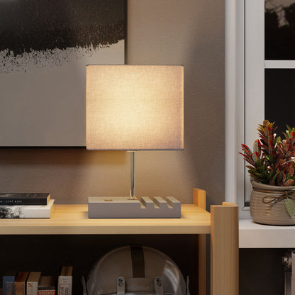 Bedside Lamp with USB A+C Charging Ports and 3 Phone Stands, Modern Table Lamp with Solid Wood Base and Fabric Shade for Bedroom Living Room Office, E27 Socket, Bulb Not Included, Grey