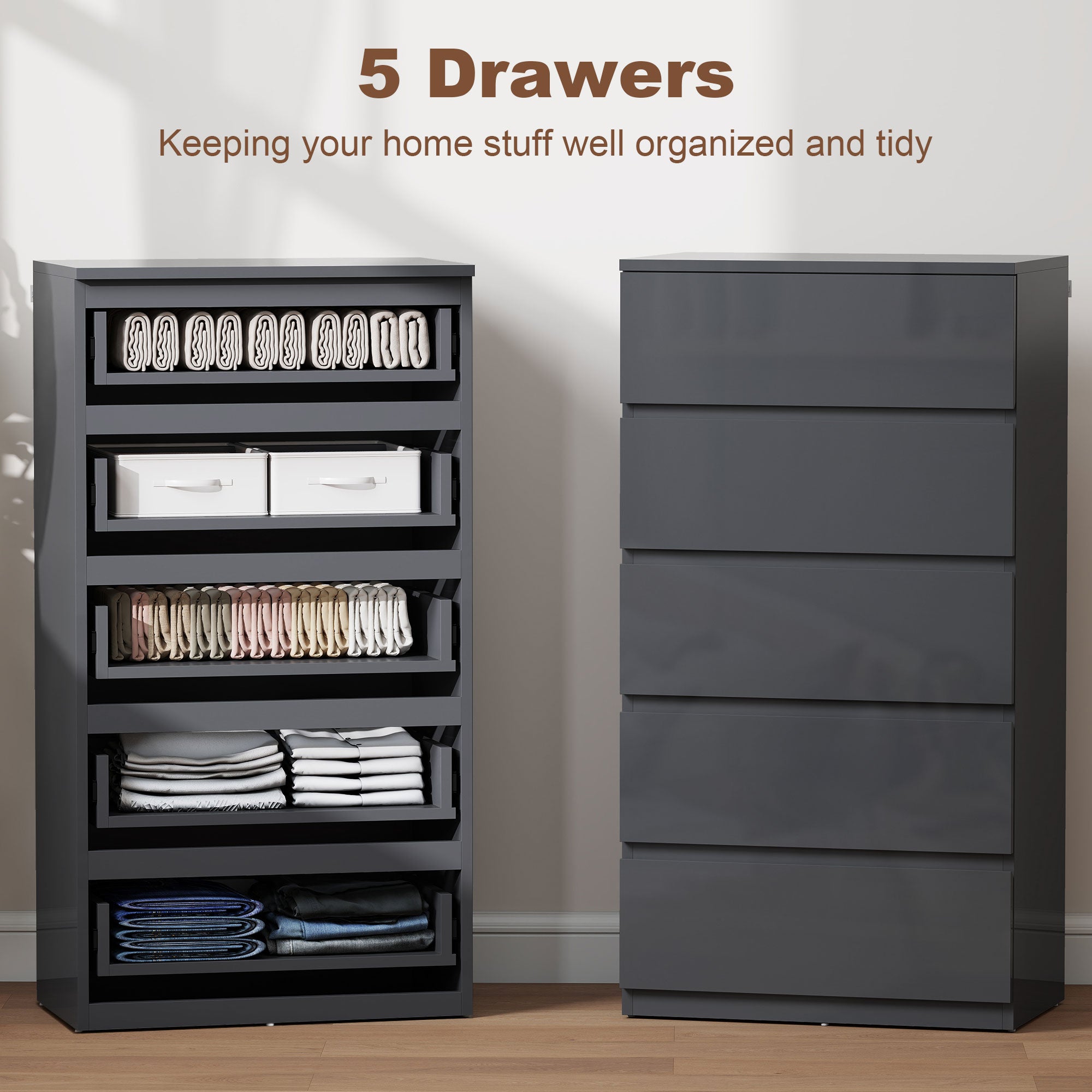 HOMCOM 5-Drawer Modern Dresser, High Gloss Storage Drawer Unit for Bedroom, Grey