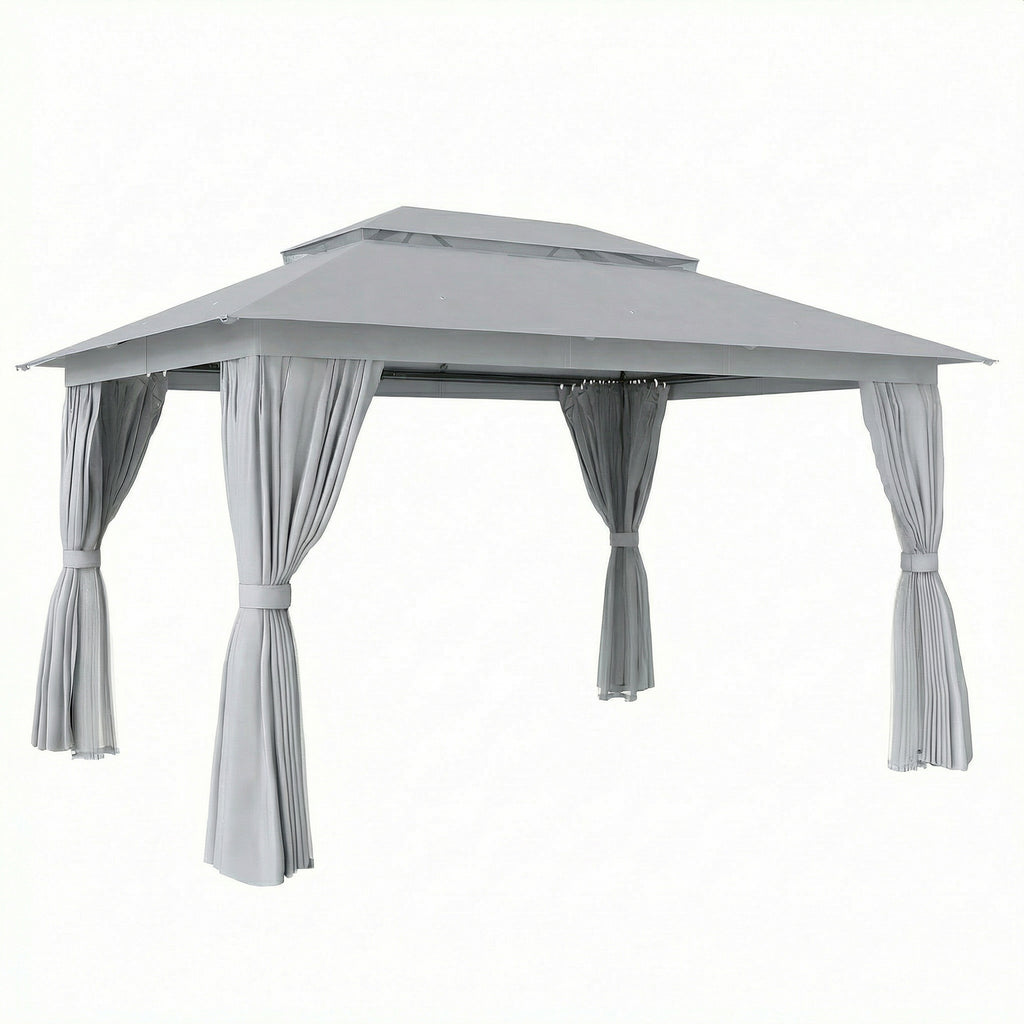 Outsunny 3 x 4 m Outdoor Garden Gazebo with Netting and Curtains, UPF50+ Patio Gazebo Permanent Pavilion Canopy, Dark Grey