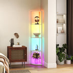 RGB LED Floor Lamp with Shelves, 4-Tier Dimmable Standing Lamp with Remote Control, Oak