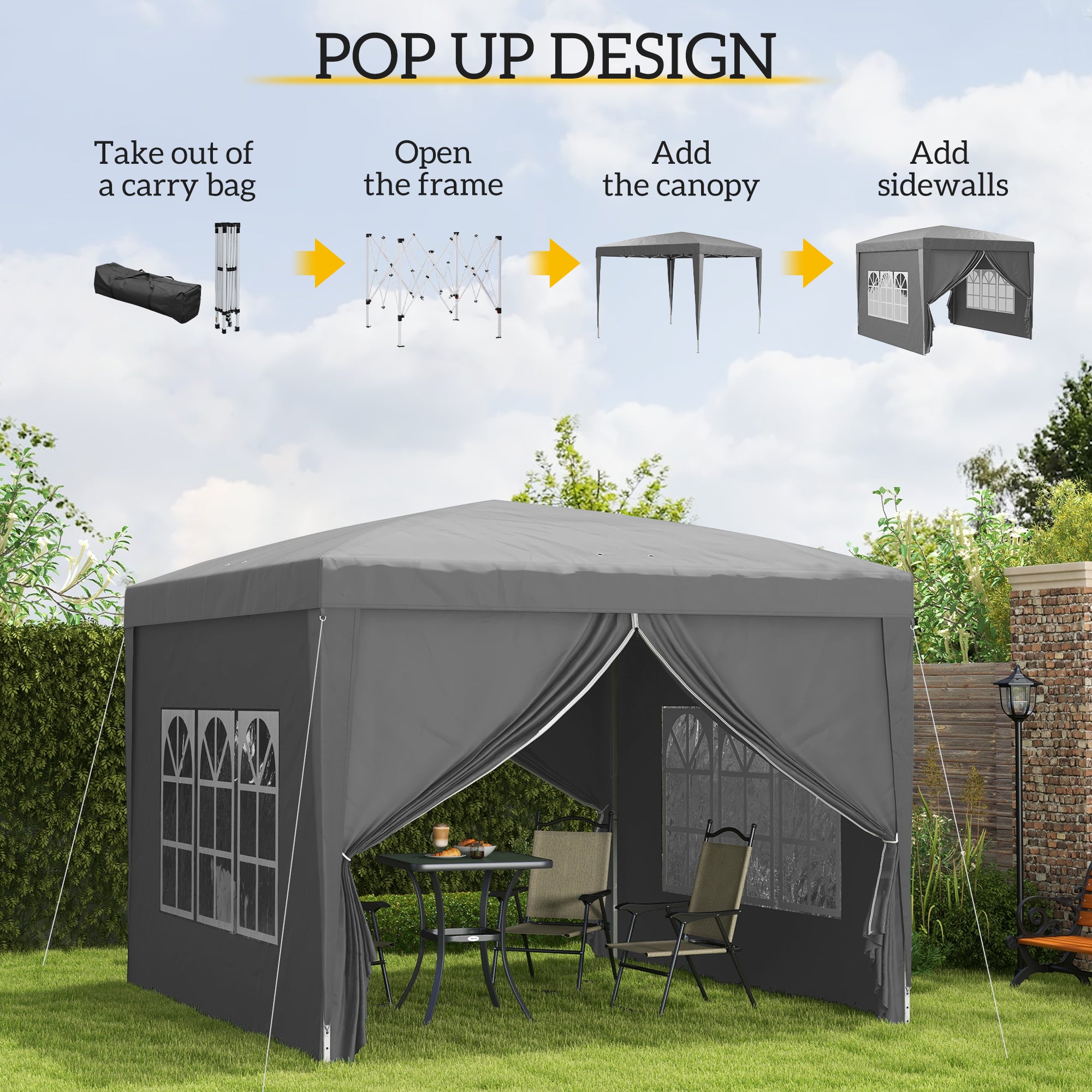 Outsunny 3 x 3 m Garden Pop Up Gazebo, Wedding Party Tent Marquee, Water Resistant Awning Canopy with Sidewalls, Windows, Carry Bag, Grey