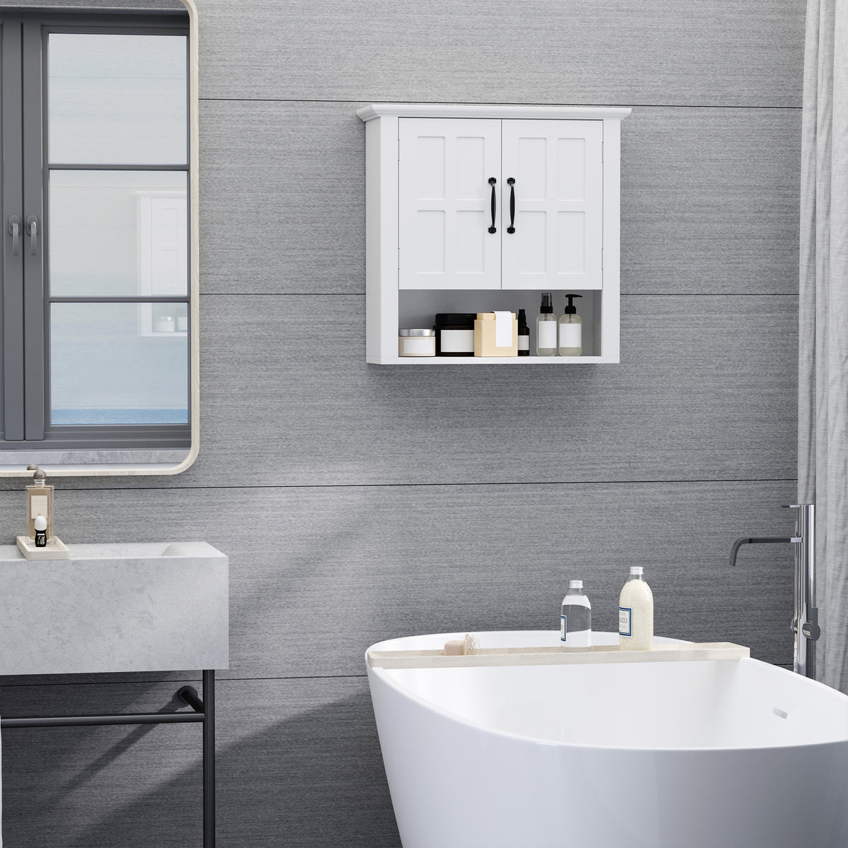 Bathroom Wall Cabinet, Medicine Cabinet, Kitchen Cupboard with 2 Doors and Adjustable Shelf, White