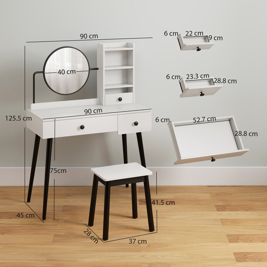 HOMCOM Dressing Table Set with Mirror and Stool, Vanity Makeup Table with 3 Drawers and Open Shelves for Bedroom, Living Room, White
