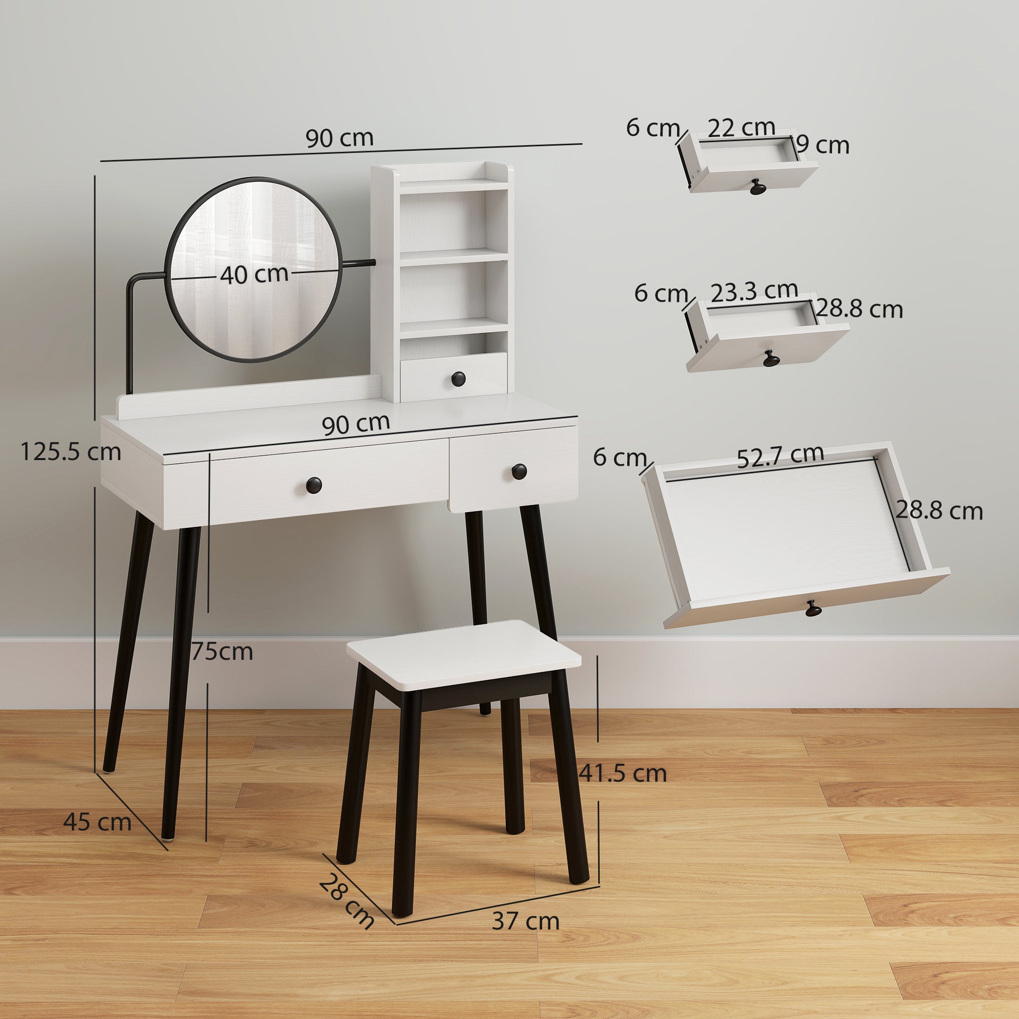 HOMCOM Dressing Table Set with Mirror and Stool, Vanity Makeup Table with 3 Drawers and Open Shelves for Bedroom, Living Room, White