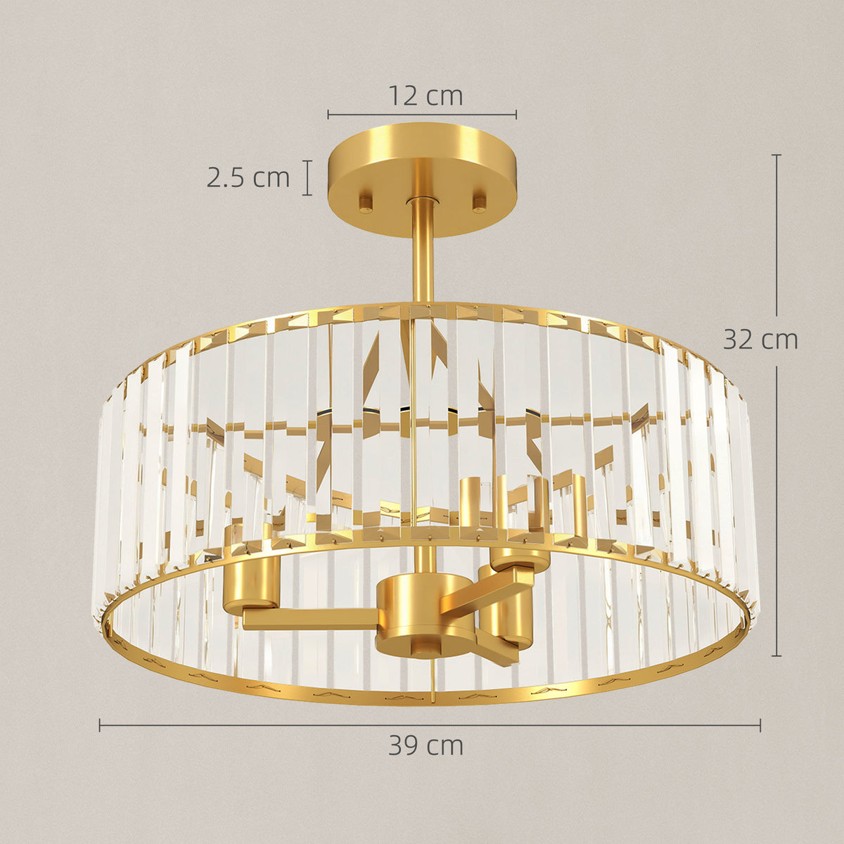 Crystal Ceiling Light Fixture, Semi Flush Mount Modern Crystal Chandelier Ceiling Light for Living Room, Bedroom, Hallway, Dining Room, E14 Base 3-Lights, Bulbs Not Included, Gold Tone