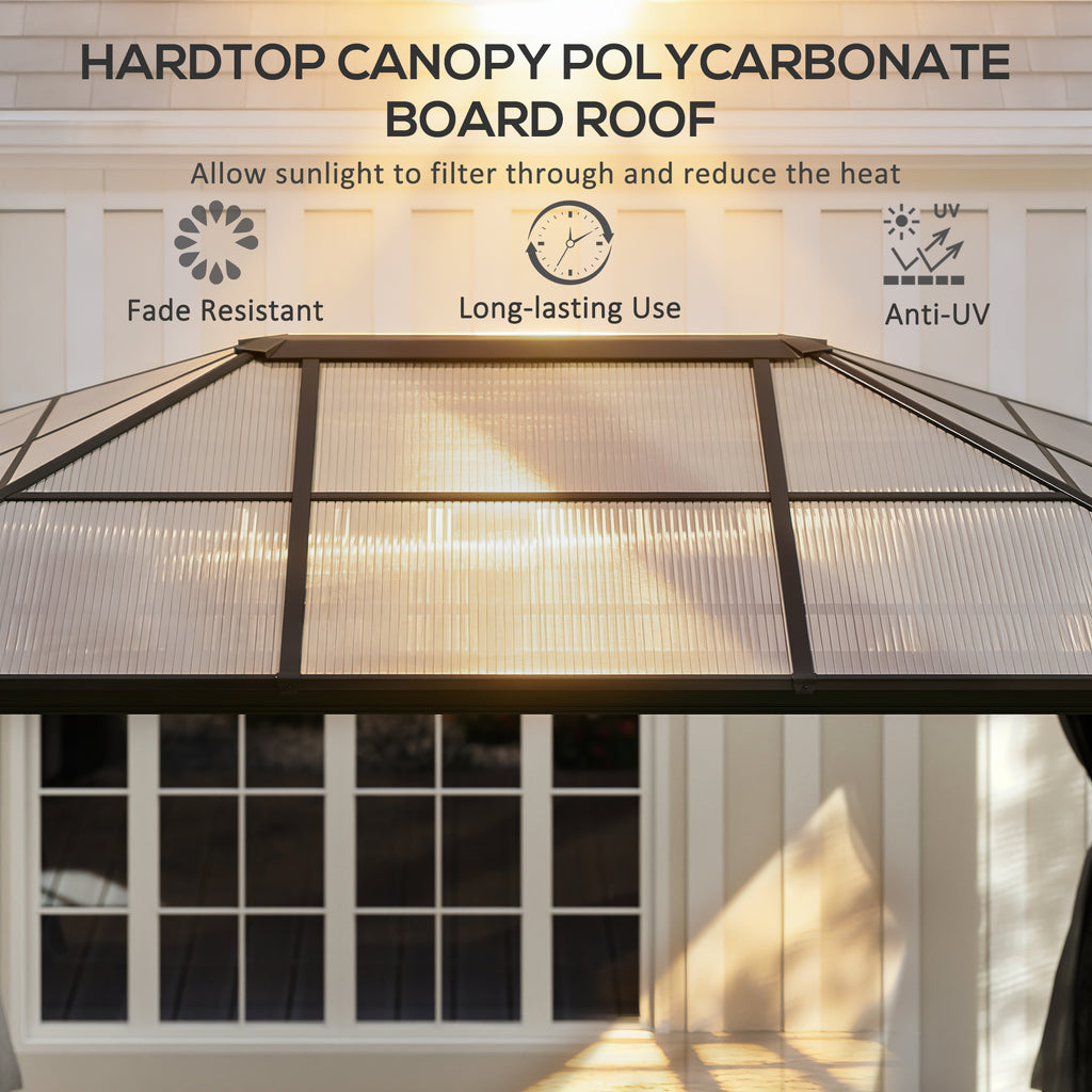 Outsunny 3.6 x 4m Hardtop Gazebo Canopy with Polycarbonate Roof, Aluminium Frame, Permanent Pavilion Garden Gazebo with Netting and Curtains for Patio, Deck, Dark Grey
