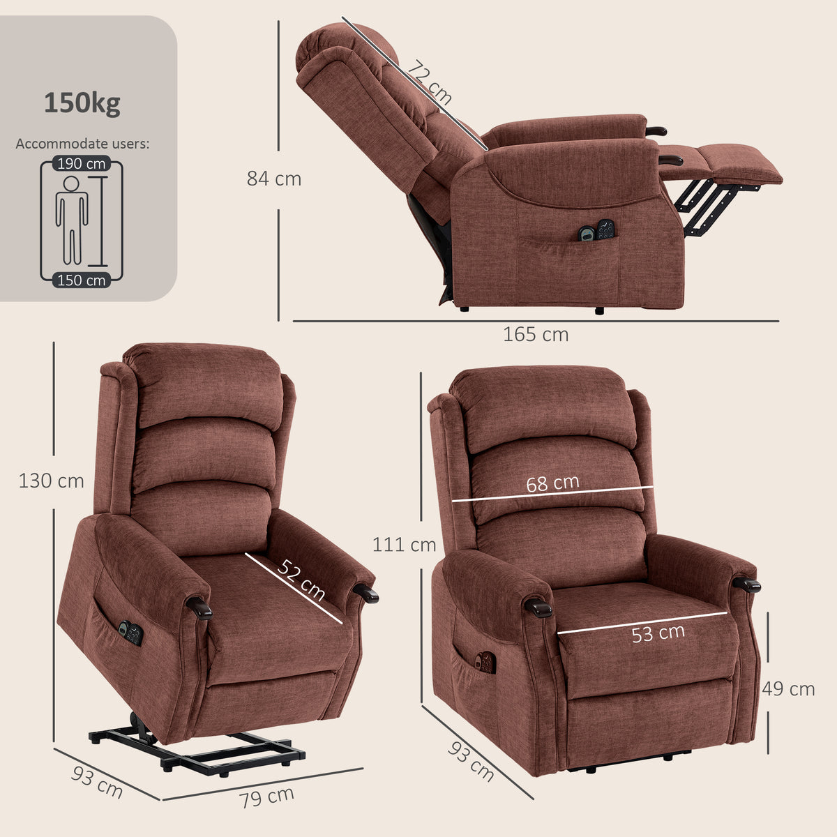Power Lift Recliner with Vibration Massage and Heat, Lift Chair for Tall with Wood Grip, Pocket Spring, Brown