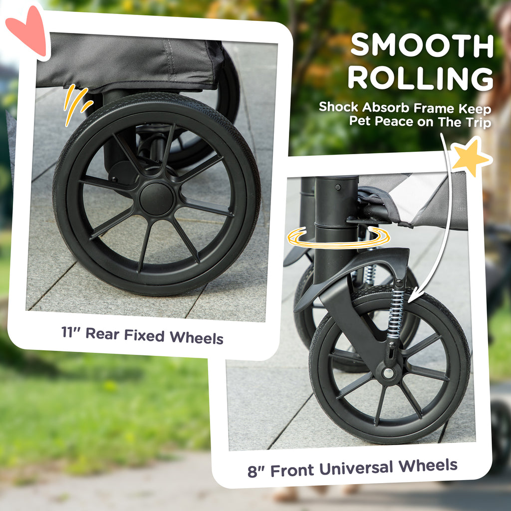 PawHut Foldable Pet Stroller for Large Dogs with 4 Big Wheels, Shock-Absorbing Frame, Safety Leashes, Brakes, Dark Grey