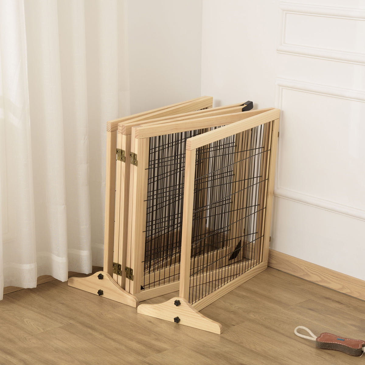 PawHut Wooden Pet Gate, Freestanding Dog Security Barrier with Two Support Feet - Natural Tone