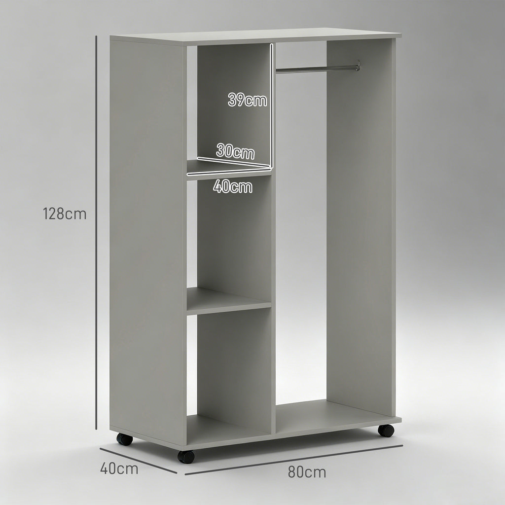 Open Wardrobe on Wheels, Bedroom Wardrobe with Clothes Hanging Rail, 3 Storage Shelves, Mobile Garment Rack for Cloakroom, Hallway, Grey