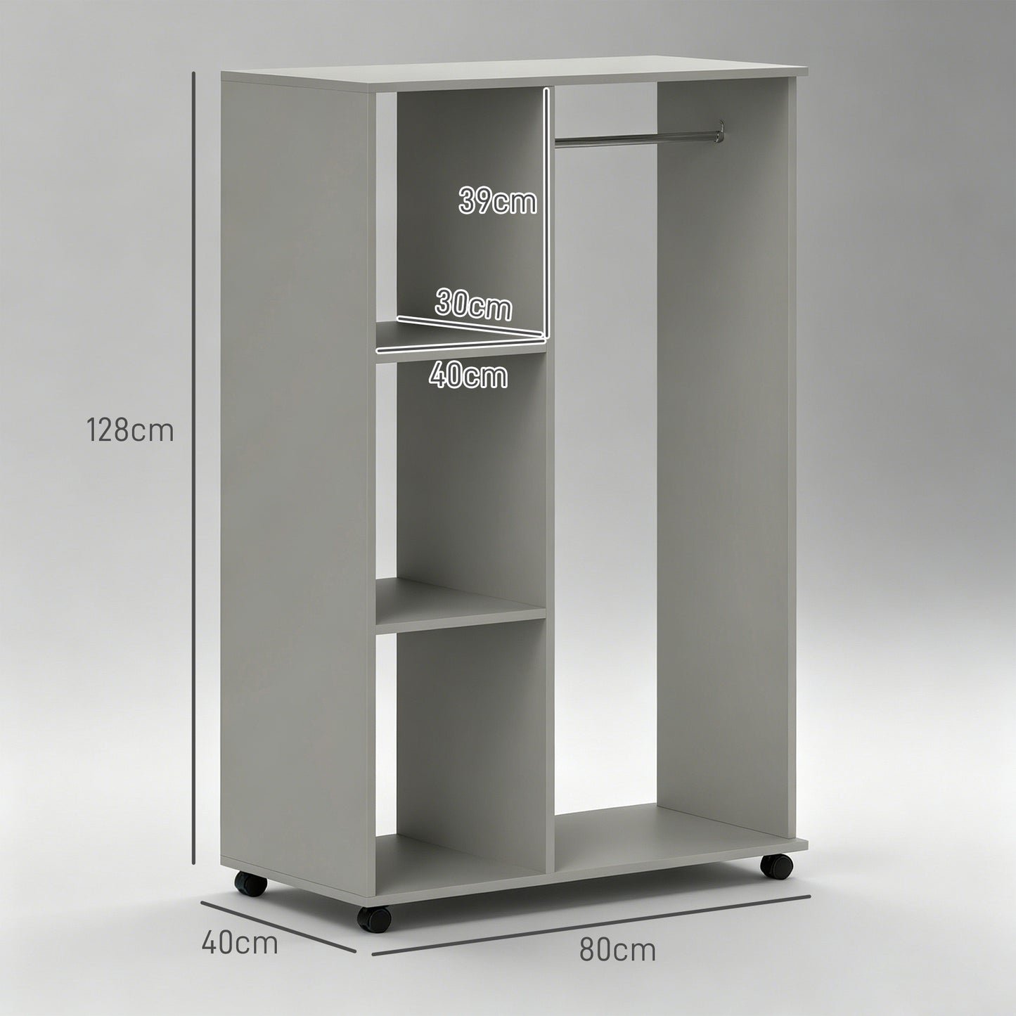 Open Wardrobe on Wheels, Bedroom Wardrobe with Clothes Hanging Rail, 3 Storage Shelves, Mobile Garment Rack for Cloakroom, Hallway, Grey