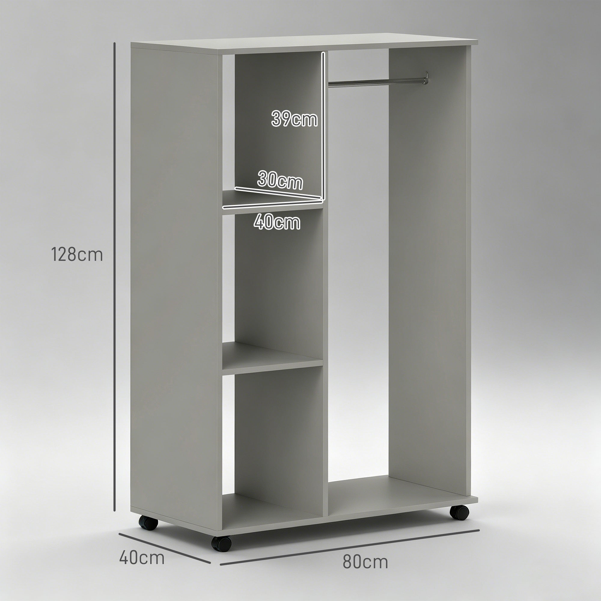 Open Wardrobe on Wheels, Bedroom Wardrobe with Clothes Hanging Rail, 3 Storage Shelves, Mobile Garment Rack for Cloakroom, Hallway, Grey