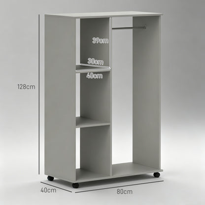 Open Wardrobe on Wheels, Bedroom Wardrobe with Clothes Hanging Rail, 3 Storage Shelves, Mobile Garment Rack for Cloakroom, Hallway, Grey