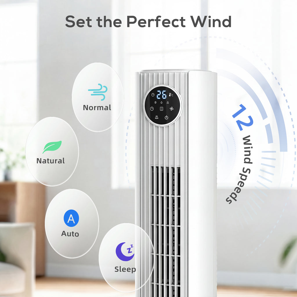 28dB Tower Fan for Bedroom, 36 inch, 8 m/s Velocity Standing Cooling Fan with 80° Oscillating, BLDC Motor, 12 Speeds, LED Display, 4 Modes, 12H Timer, Remote Control, White