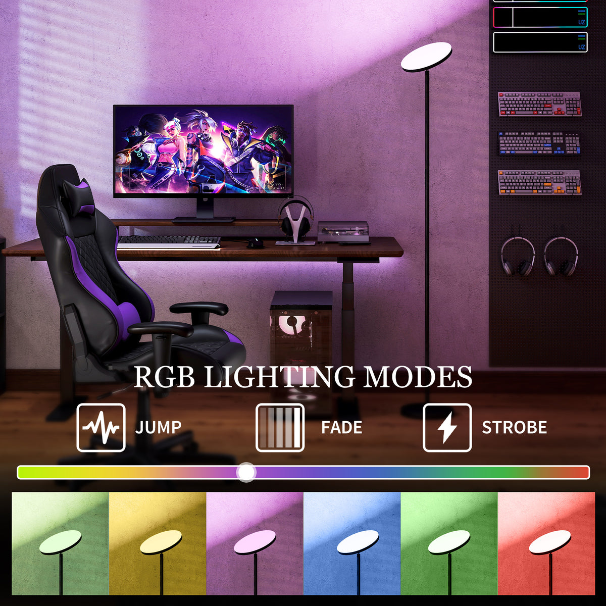 RGB Uplighter Floor Lamp, Tall Dimmable Standing Lamp with Remote & Touch Control, 350° Rotatable Head for Living Room Bedroom, 2700K-6000K Colour Temperatures, Black