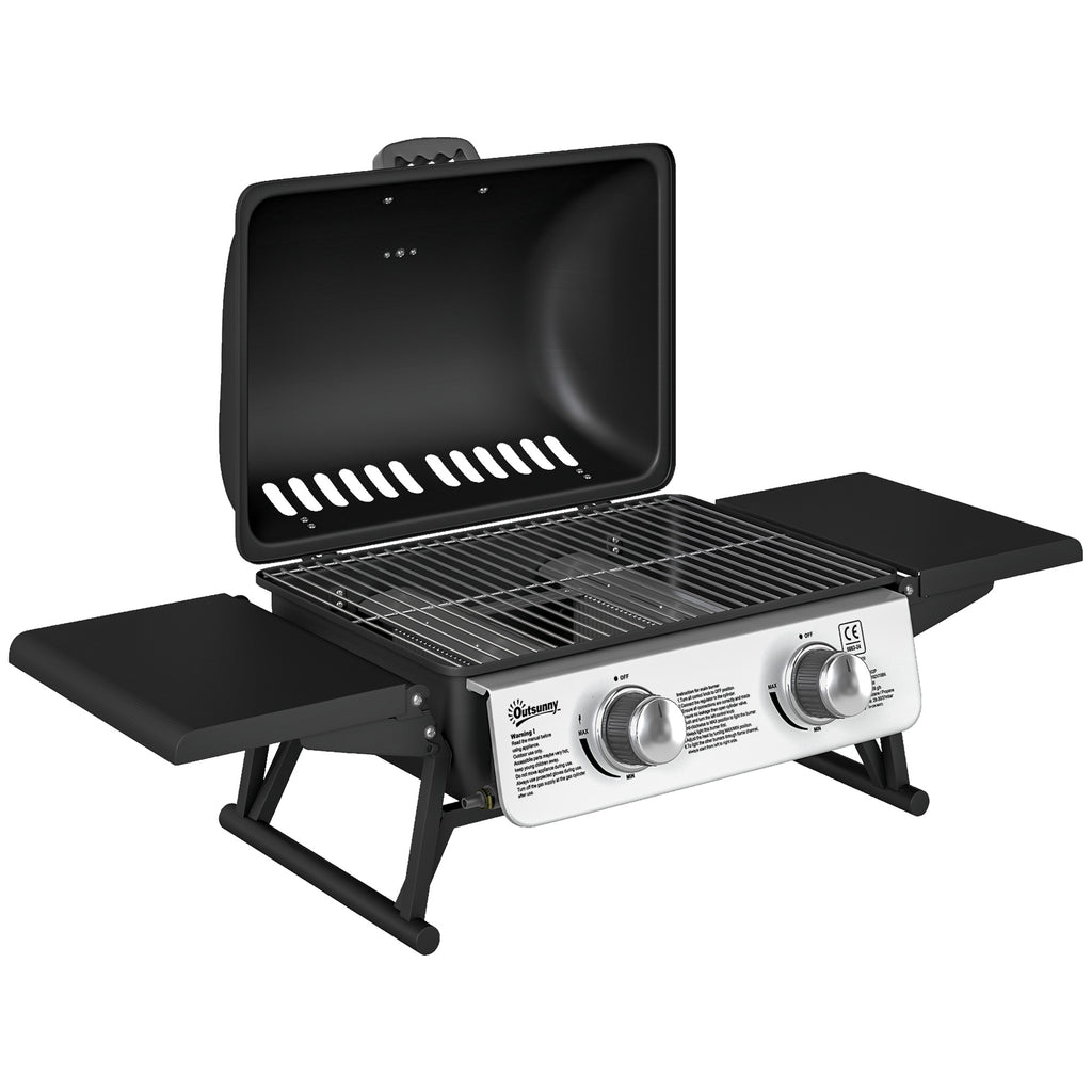 Outsunny Two-Burner Compact Gas Grill with 2 Folding Side Shelves - Black
