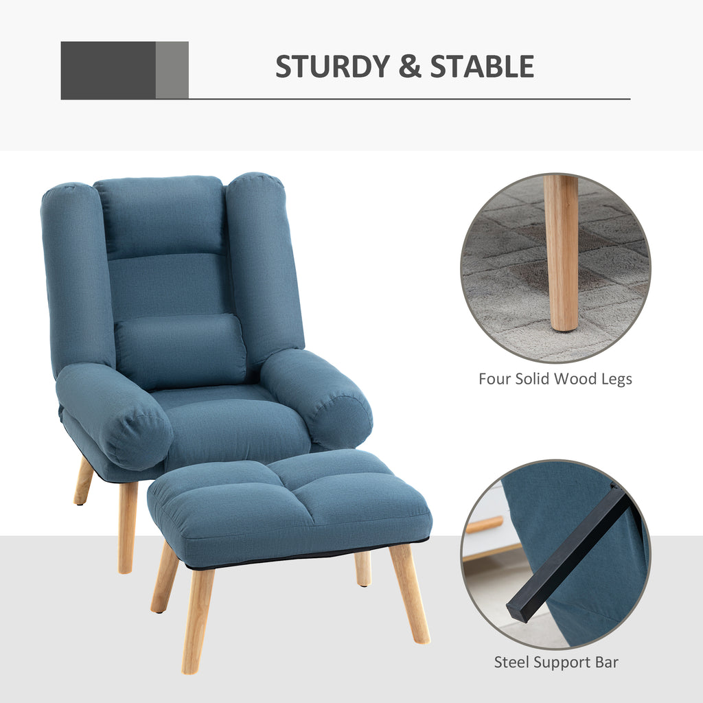 HOMCOM Recliner Chair with Footstool, Recliner Armchair with Adjustable Backrest, Thick Cushion and Wooden Legs, Blue