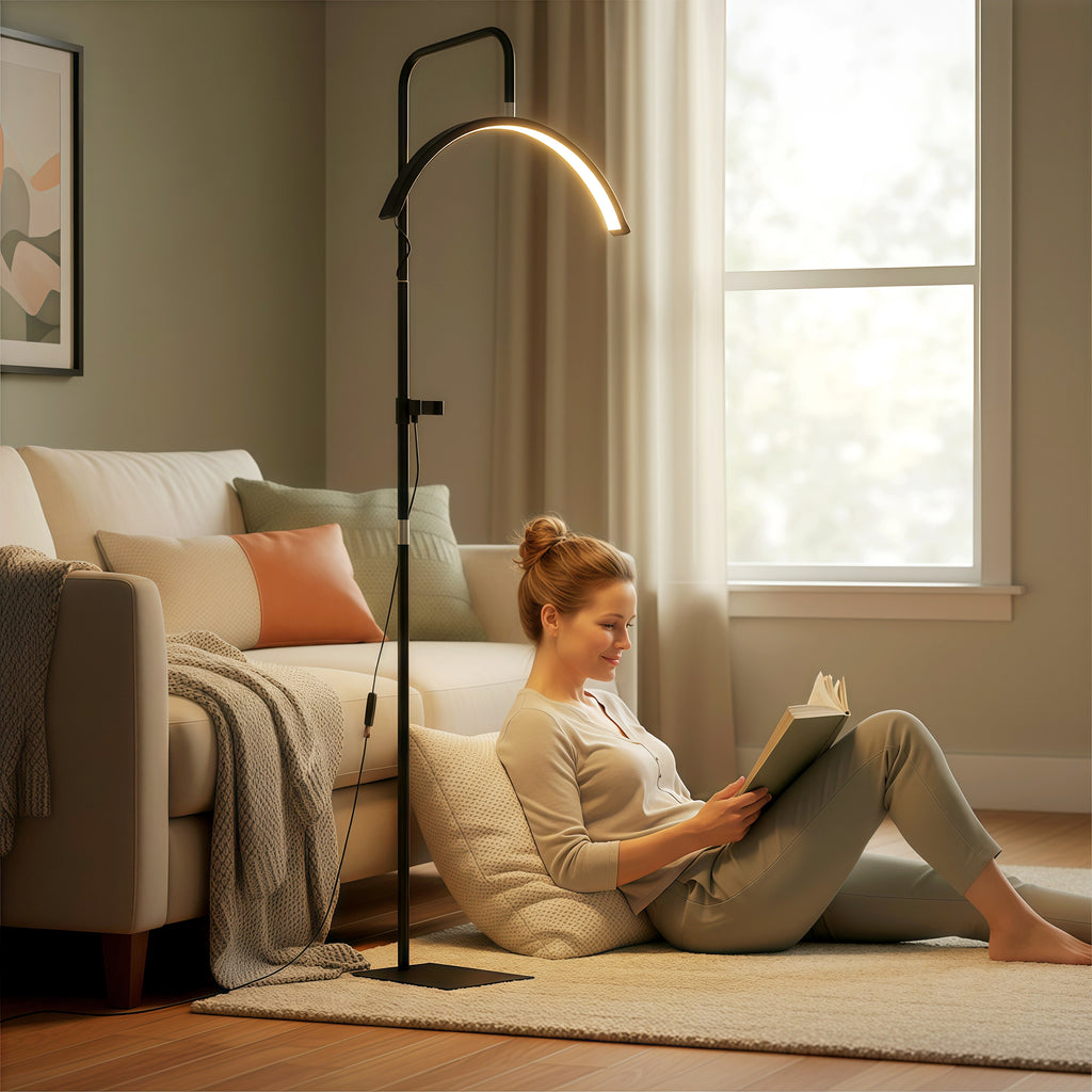Half Moon Lash Light, Beauty Floor Lamp with 350° Rotatable Head, 7 Colour Temperature and Phone Holder, Dimmable Standing Lamp for Eyelash Extension, Tattoo, Nails, Skincare, Black