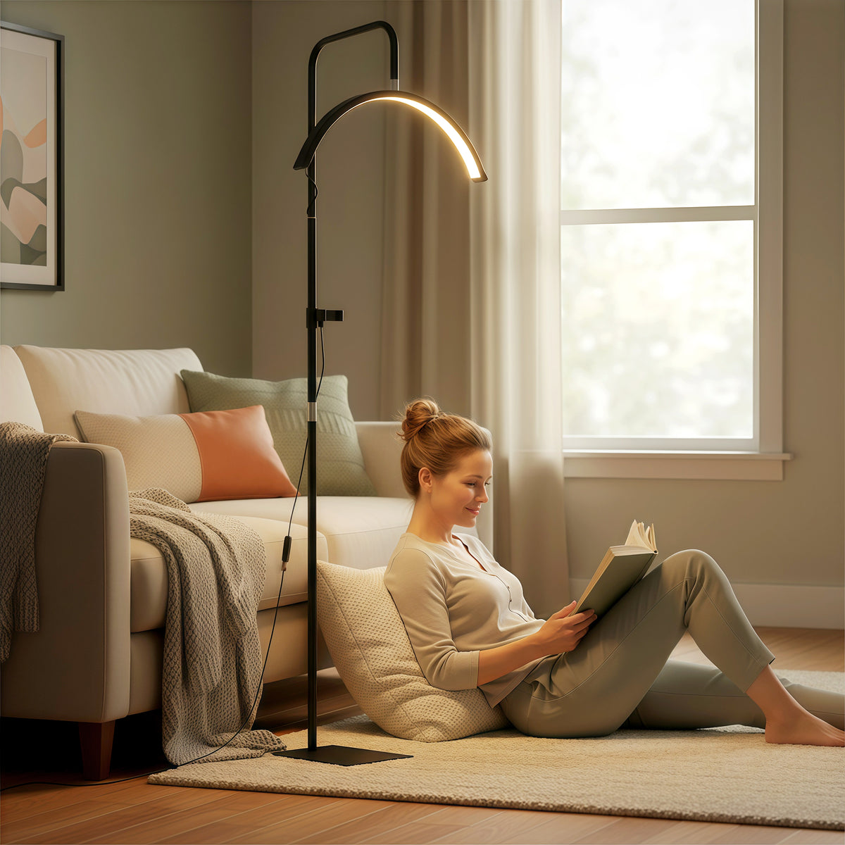 Half Moon Lash Light, Beauty Floor Lamp with 350° Rotatable Head, 7 Colour Temperature and Phone Holder, Dimmable Standing Lamp for Eyelash Extension, Tattoo, Nails, Skincare, Black