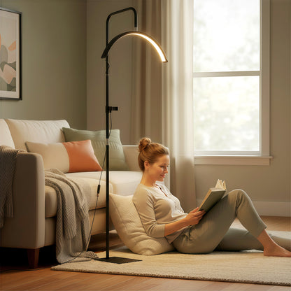 Half Moon Lash Light, Beauty Floor Lamp with 350° Rotatable Head, 7 Colour Temperature and Phone Holder, Dimmable Standing Lamp for Eyelash Extension, Tattoo, Nails, Skincare, Black