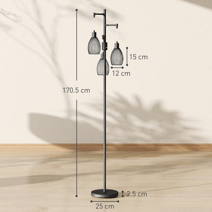 3-Light LED Floor Lamp, 170cm Industrial Dimmable Standing Lamp with Steel Wire Cage Lampshades, 2700K for Living Room, Bedroom, Dining Room, Study, Black