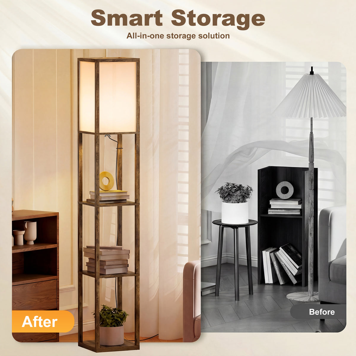 3-Tier Floor Lamp with Shelves and Storage, Modern Corner Standing Lamp with Lampshade, Reading Light with Foot Switch for Living Room, Bedroom, Home Office, Bulb not Included, Brown