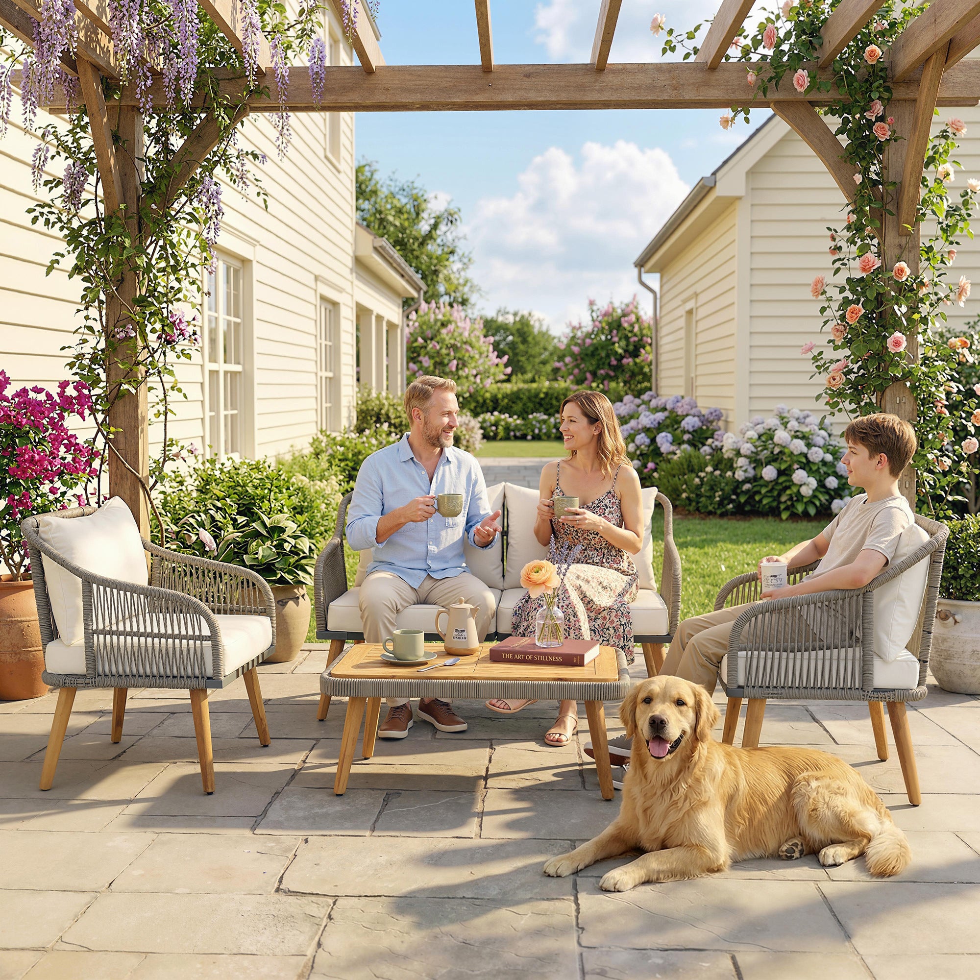 Outsunny 4 Piece Rattan Garden Furniture Set with Loveseat, Armchairs, Wood Table, Wicker Patio Conversation Set, Cream White