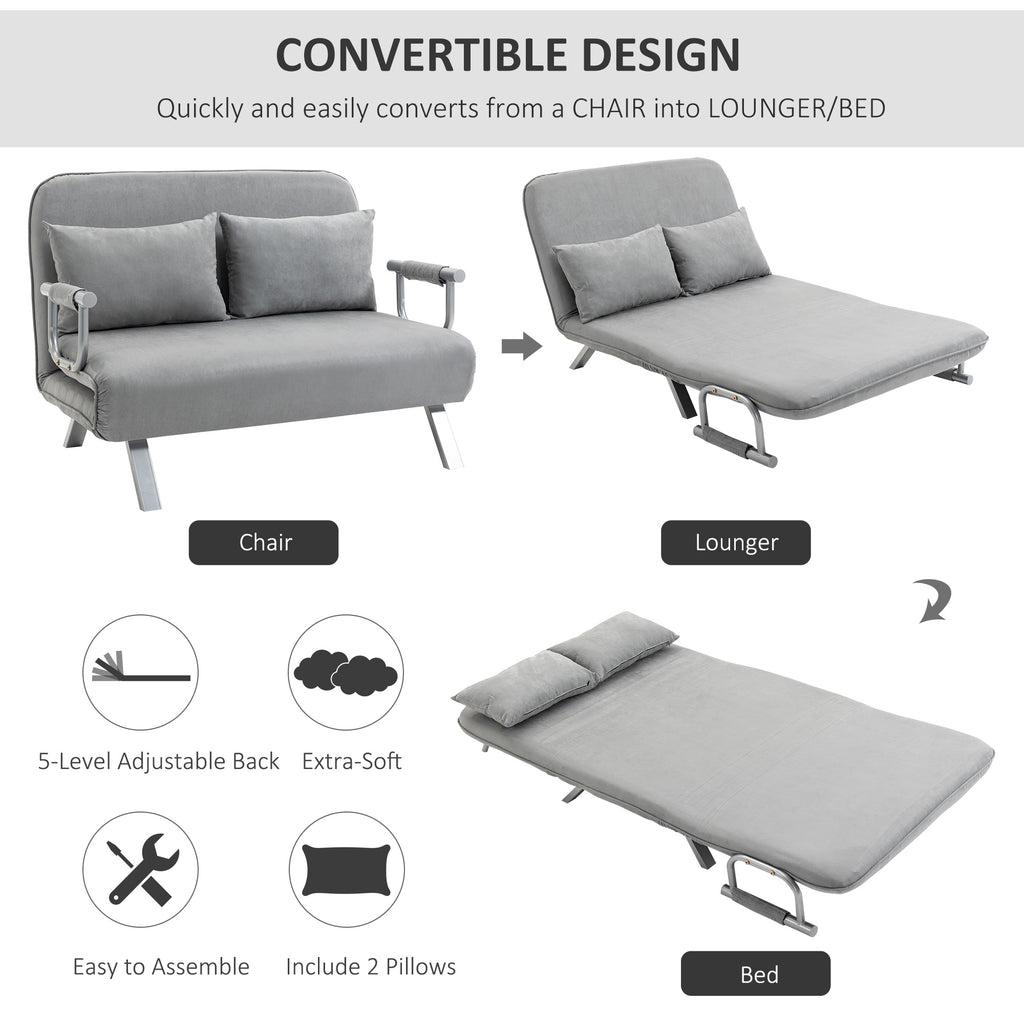 HOMCOM Two-Seater Click-Clack Sofa Bed with Pillows - Light Grey