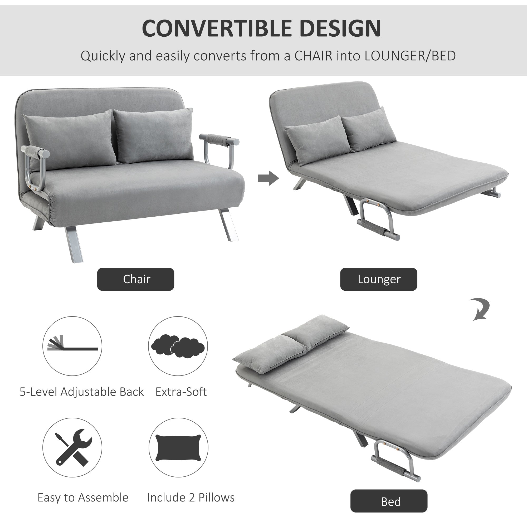 HOMCOM Two-Seater Click-Clack Sofa Bed with Pillows - Light Grey