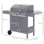 Outsunny 4+1 Burner Gas BBQ Grill, Outdoor Barbecue Trolley with Wheels, Warming Rack, Side Shelves, Cabinet, Thermometer for Garden, Party, Camping, 125L x 51W x 100Hcm, Grey