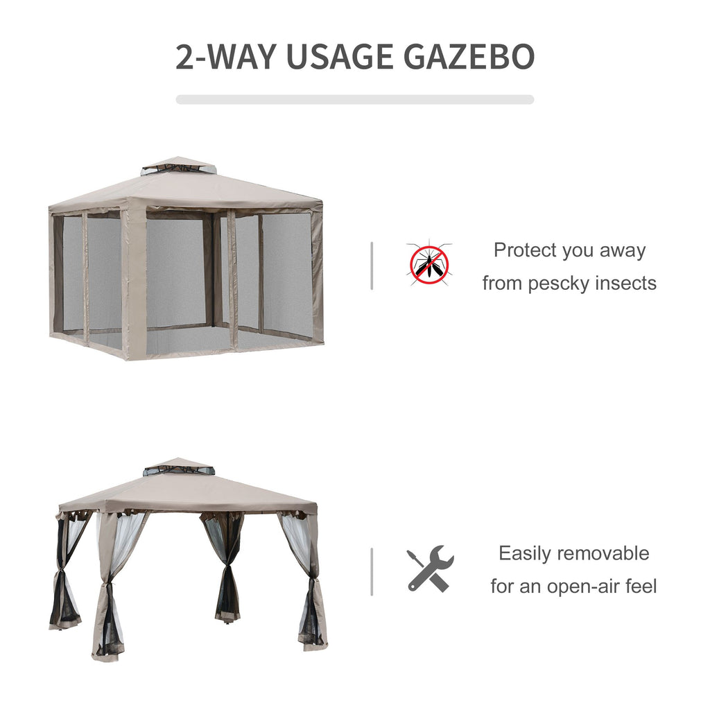 Outsunny Outdoor Gazebo, 2-tier Roof with Netting, 295L x 295W x 263Hcm-Taupe