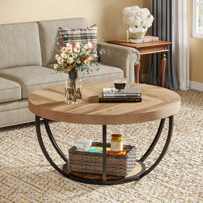 Coffee Table Round - with 2-Tier Shelves
