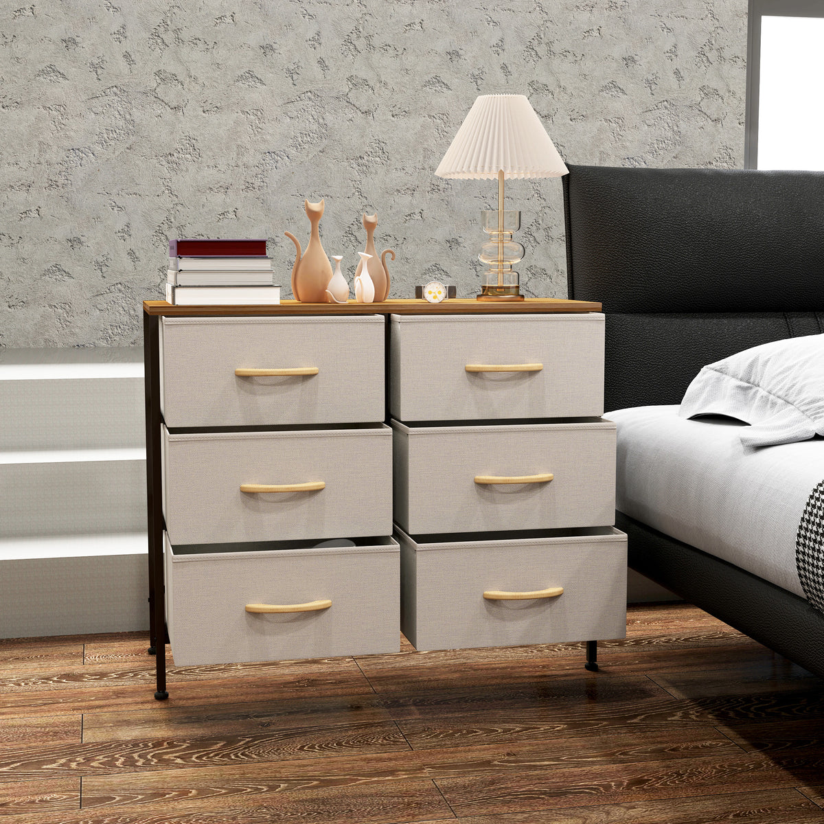 Fabric Chest of Drawers, Industrial Bedroom Dresser with 6 Fabric Drawers, Steel Frame and Wooden Top for Nursery, Living Room, Hallway, Cream White