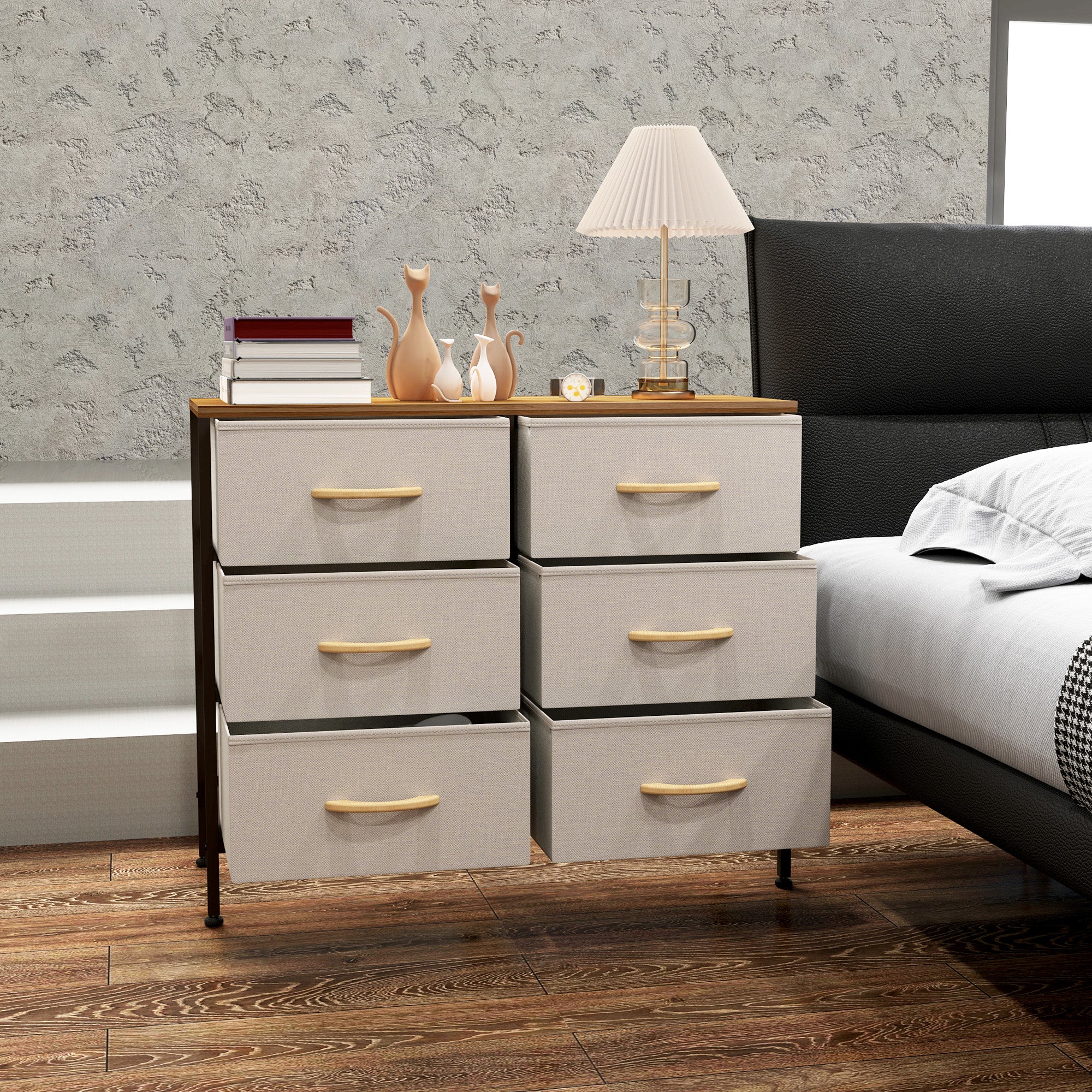 HOMCOM Fabric Chest of Drawers, Industrial Bedroom Dresser with 6 Fabric Drawers, Steel Frame and Wooden Top for Nursery, Living Room, Hallway, Cream White