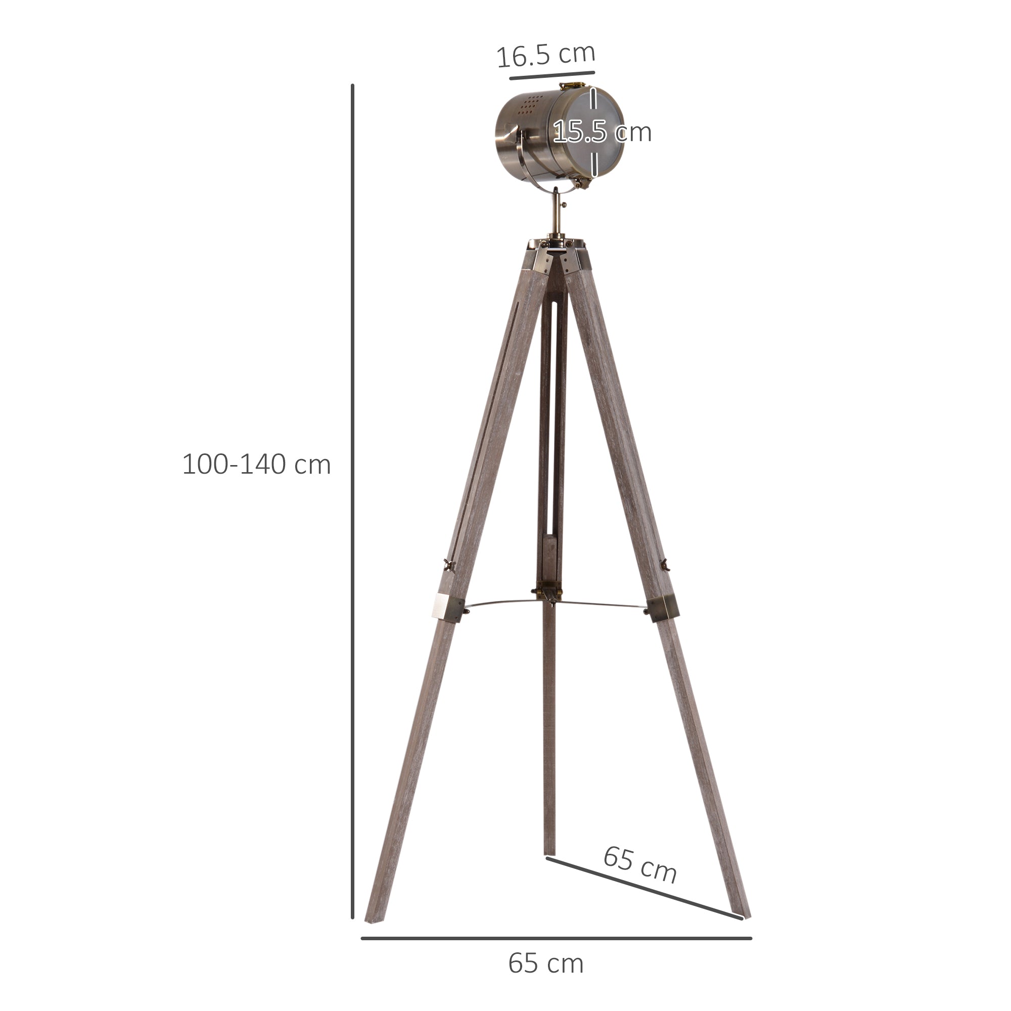 Industrial Tripod Floor Lamp, Nautical Searchlight with Adjustable Height, Wood Legs, E14 Lamp Base for Living Room, Bedroom, Grey and Bronze