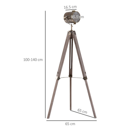Industrial Tripod Floor Lamp, Nautical Searchlight with Adjustable Height, Wood Legs, E14 Lamp Base for Living Room, Bedroom, Grey and Bronze