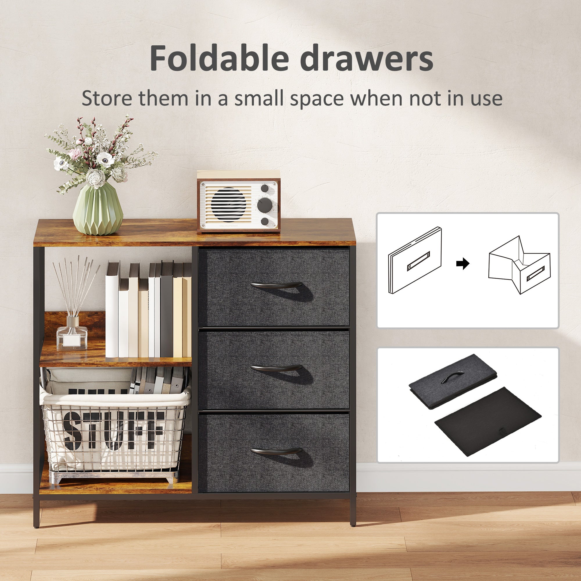 HOMCOM Chest of Drawers Storage  Dresser Cabinet Organizer with 3 Fabric Drawers and 2 Display Shelves for Living Room, Bedroom, Hallway, Black