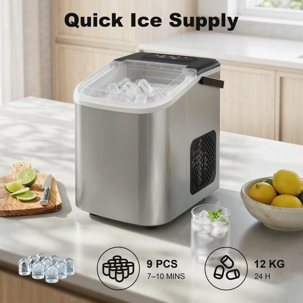 Ice Maker Machine Countertop, 9 Cubes Ready in 7 Mins, 12 KG in 24Hrs, 2 Sizes of Bullet, Self-Cleaning Ice Machine with Handle, Scoop & Basket for Home Kitchen Office RV, Stainless Steel