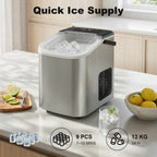 Ice Maker Machine Countertop, 9 Cubes Ready in 7 Mins, 12 KG in 24Hrs, 2 Sizes of Bullet, Self-Cleaning Ice Machine with Handle, Scoop & Basket for Home Kitchen Office RV, Stainless Steel