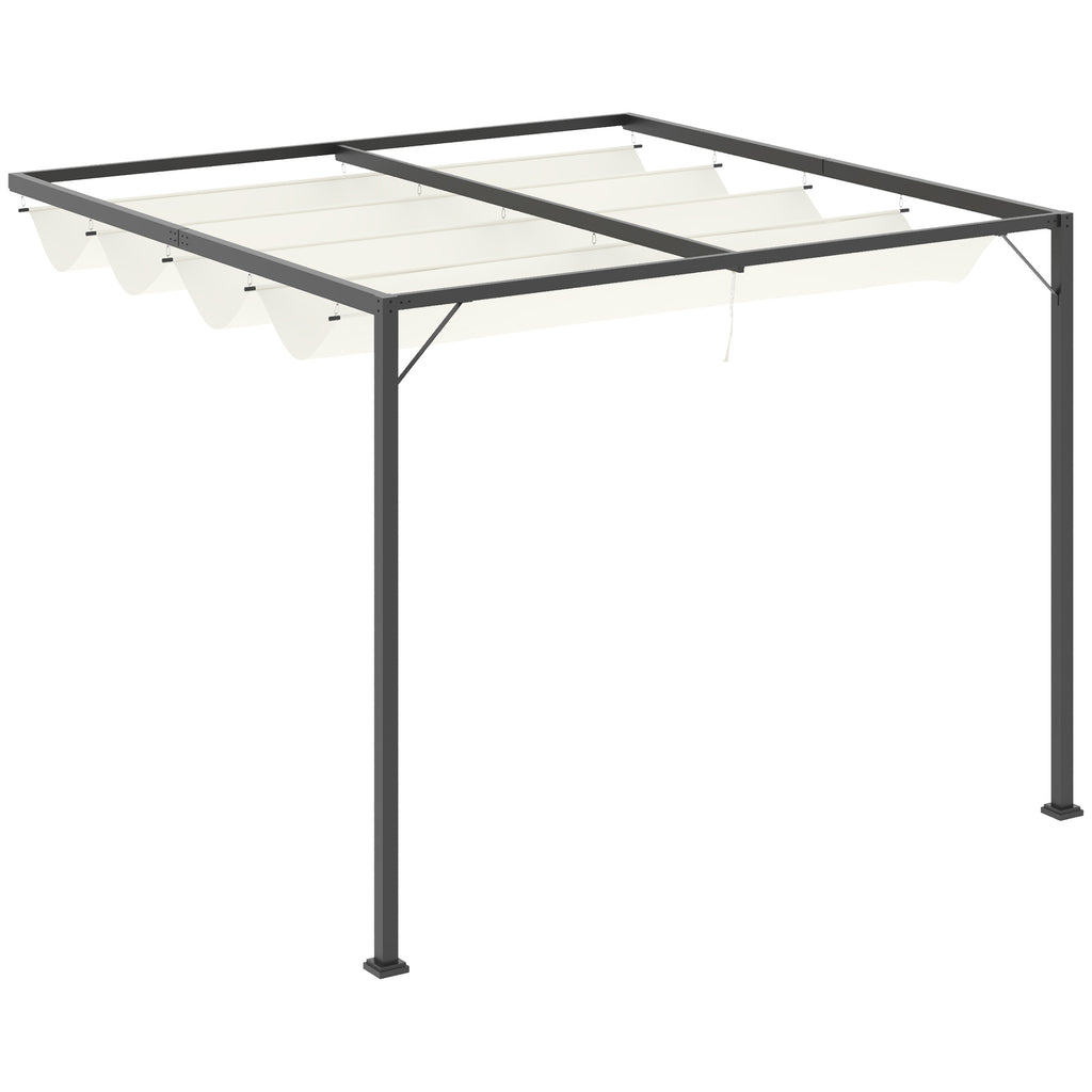 Outsunny 3 x 3(m) Outdoor Lean To Pergola Retractable Canopy Wall Mounted Gazebo Patio Shelter Sun Shade, Cream White