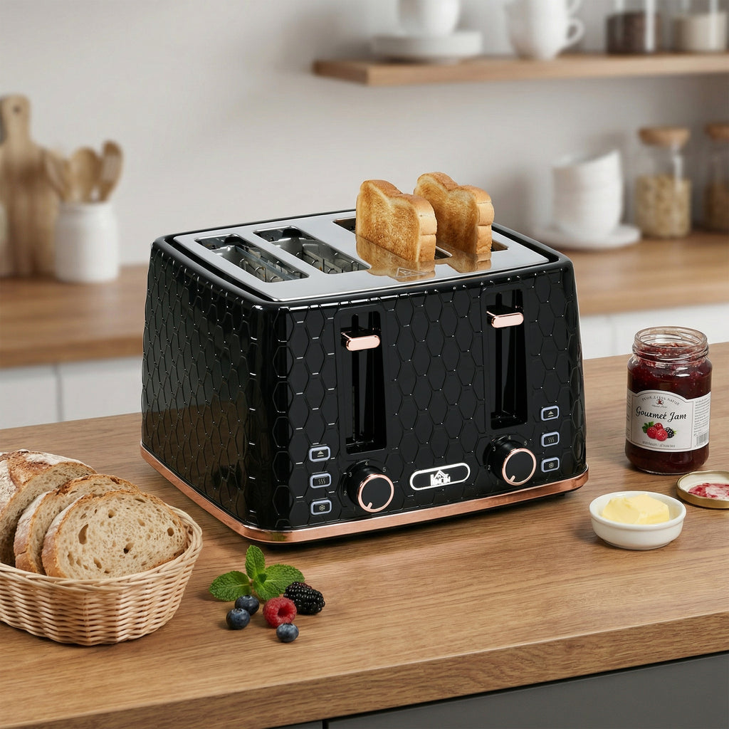 4 Slice Toaster with 7 Browning Levels, High Lift, Reheat/Defrost/Cancel, Self-centring Function, Removable Crumb Tray, Auto Off, 1600W, Black Honeycomb Texture