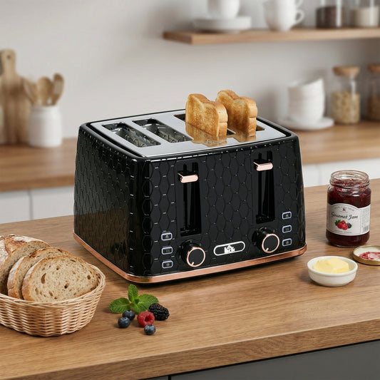 4 Slice Toaster with 7 Browning Levels, High Lift, Reheat/Defrost/Cancel, Self-centring Function, Removable Crumb Tray, Auto Off, 1600W, Black Honeycomb Texture