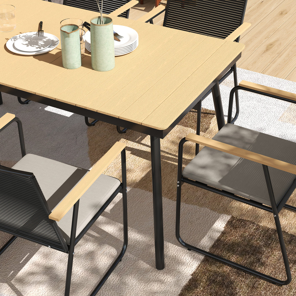 Outsunny 6 Seater Garden Dining Set with Soft Cushions, Rattan Backrest, Rectangular Plastic Top, Garden Furniture Set, Outdoor Dining Table and Chairs for Patio, Balcony, Poolside, Nature Wood Finish