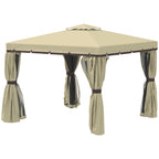 Outsunny 3 x 3(m) Patio Gazebo Canopy Garden Pavilion Tent Shelter with 2 Tier Water Repellent Roof, Mosquito Netting and Curtains, Aluminium Frame, Beige